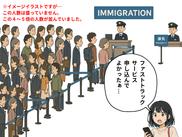 ベトナムの入国審査で一般レーンに並んだ人たちの数の多さにびっくりする女の子の絵。本当にこんな感じの大行列です。