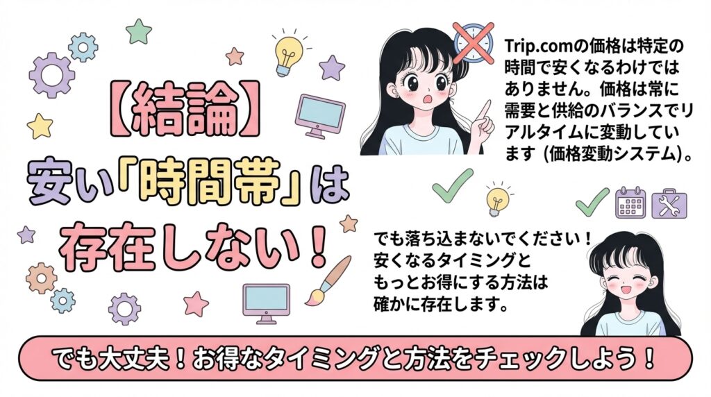 【結論】安い「時間帯」は存在しない！というタイトルでお得なタイミングと方法をチェックすることが大事だと訴求しているイラスト