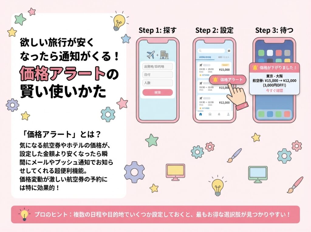 欲しい旅行が安くなったら通知が来る価格アラートの賢い使いかたを分かりやすく説明したイラスト