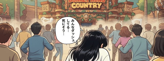 開園直後にみんながドンキーコングのアトラクションにダッシュしている様子を書いているイラスト