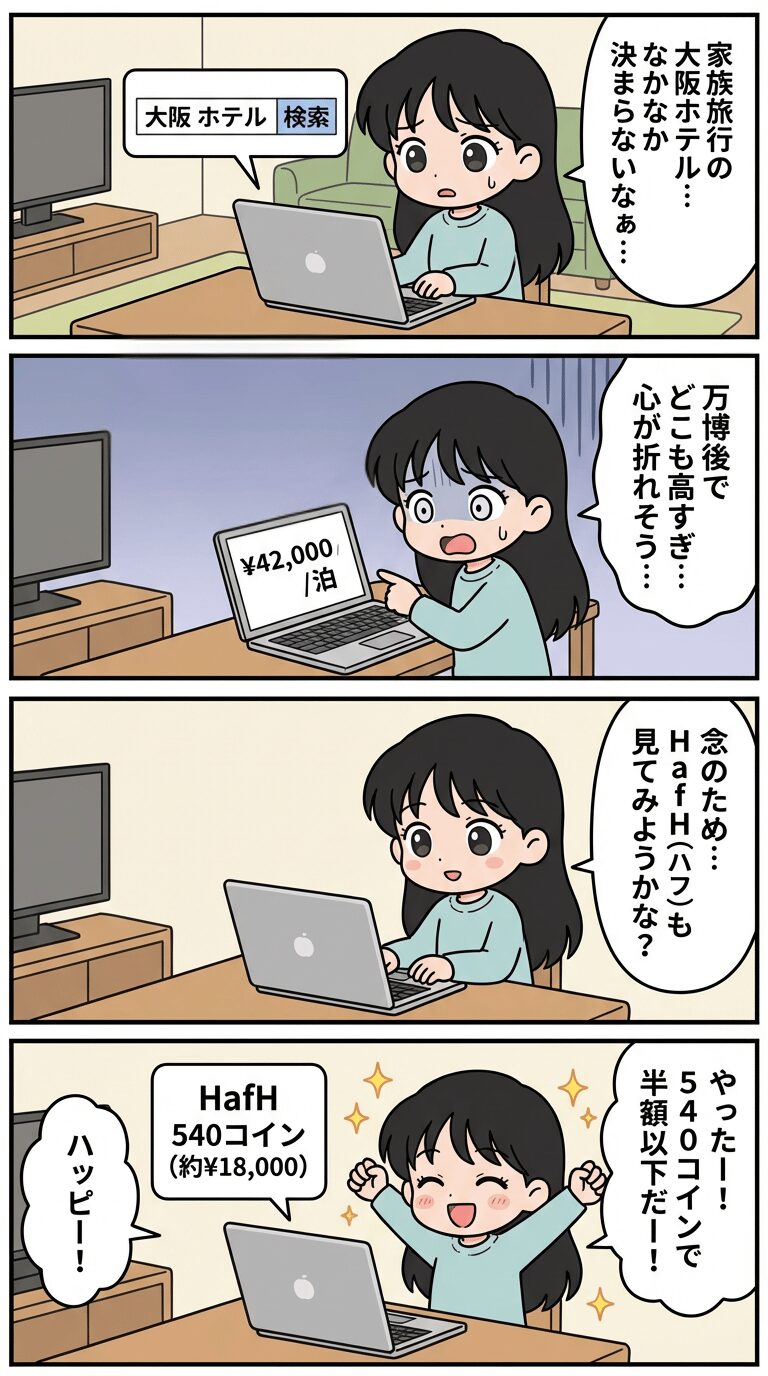 大阪のホテルが高くてHafHで検索したら半額ほどになった体験の４コマ漫画