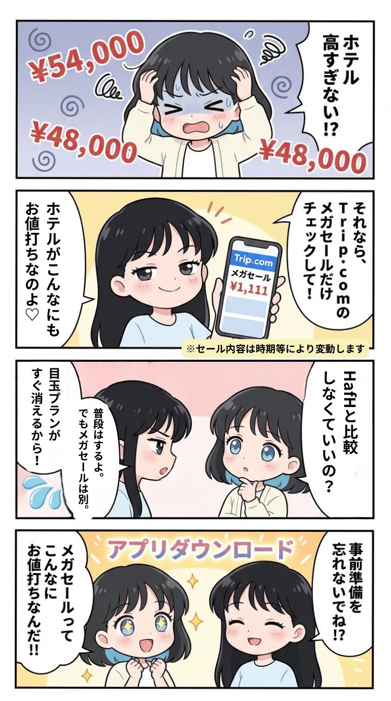 トリップドットコムのメガセール4コマ漫画